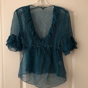 Sheer Teal Ruffle V-Neck Blouse by Yank